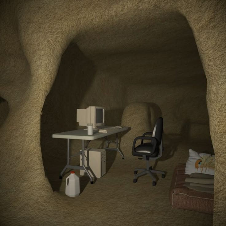 This may contain: a computer desk sitting in the middle of a cave
