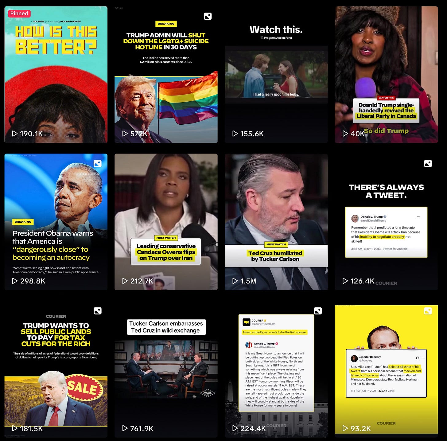 Screenshot of Courier Newsroom's TikTok feed showing multiple news videos with high view counts, including posts about Trump administration policies, political figures, and breaking news stories, demonstrating their social media-first approach to news distribution. Screenshot of Courier Newsroom's TikTok feed showing multiple news videos with high view counts, including posts about Trump administration policies, political figures, and breaking news stories, demonstrating their social media-first approach to news distribution.