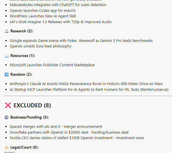 Claude Code terminal output showing Sunday Rundown Drafter skill processing AI news stories and categorizing them into sections