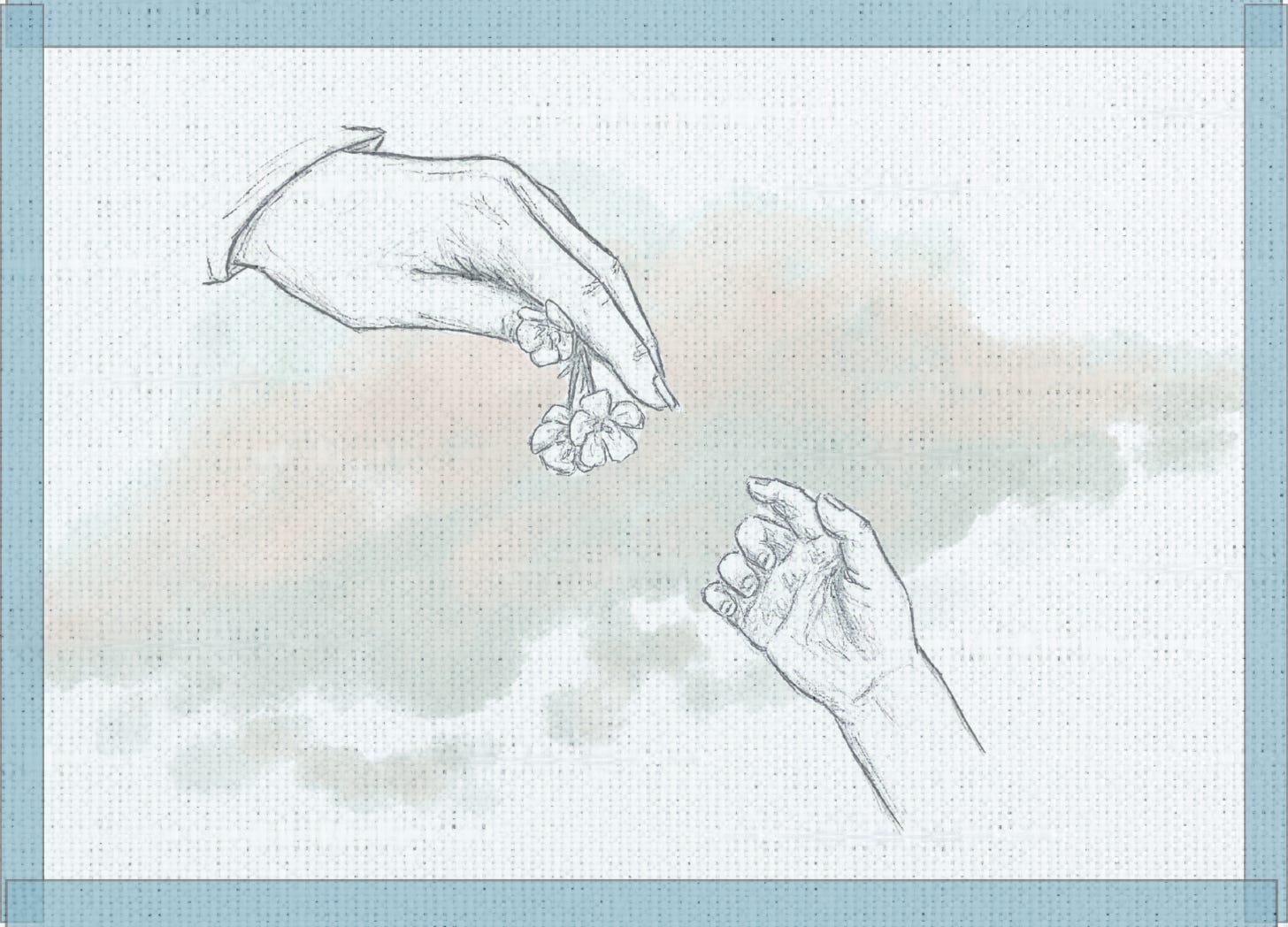 Pencil art on canvas background with clouds, adult male hand passing buttercups to a child