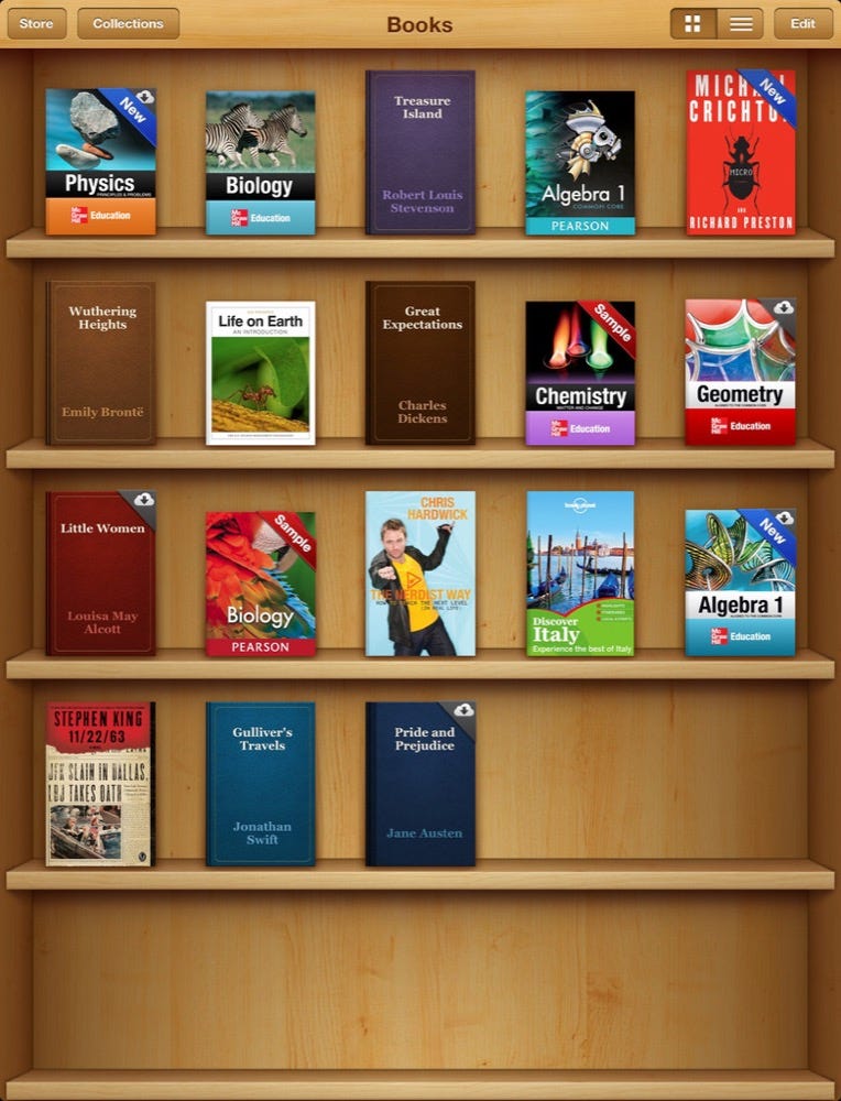 Wygląd aplikacji iBooks w iOS 6. Też nie mogę zapomnieć o tej drewnianej półce.