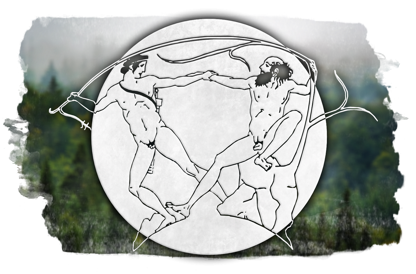 A minimalist engraving inspired by a 5th-century BCE red-figure kylix shows Theseus wrestling Sínis, the Pine-Bender. Both figures are nude and muscular, locked in symmetrical tension while gripping bent pine trees on either side. The scene represents Theseus confronting the destructive pull of polarity — the psychological trap of black-and-white thinking — and discovering the balance that allows integration and growth on his road to Athens.