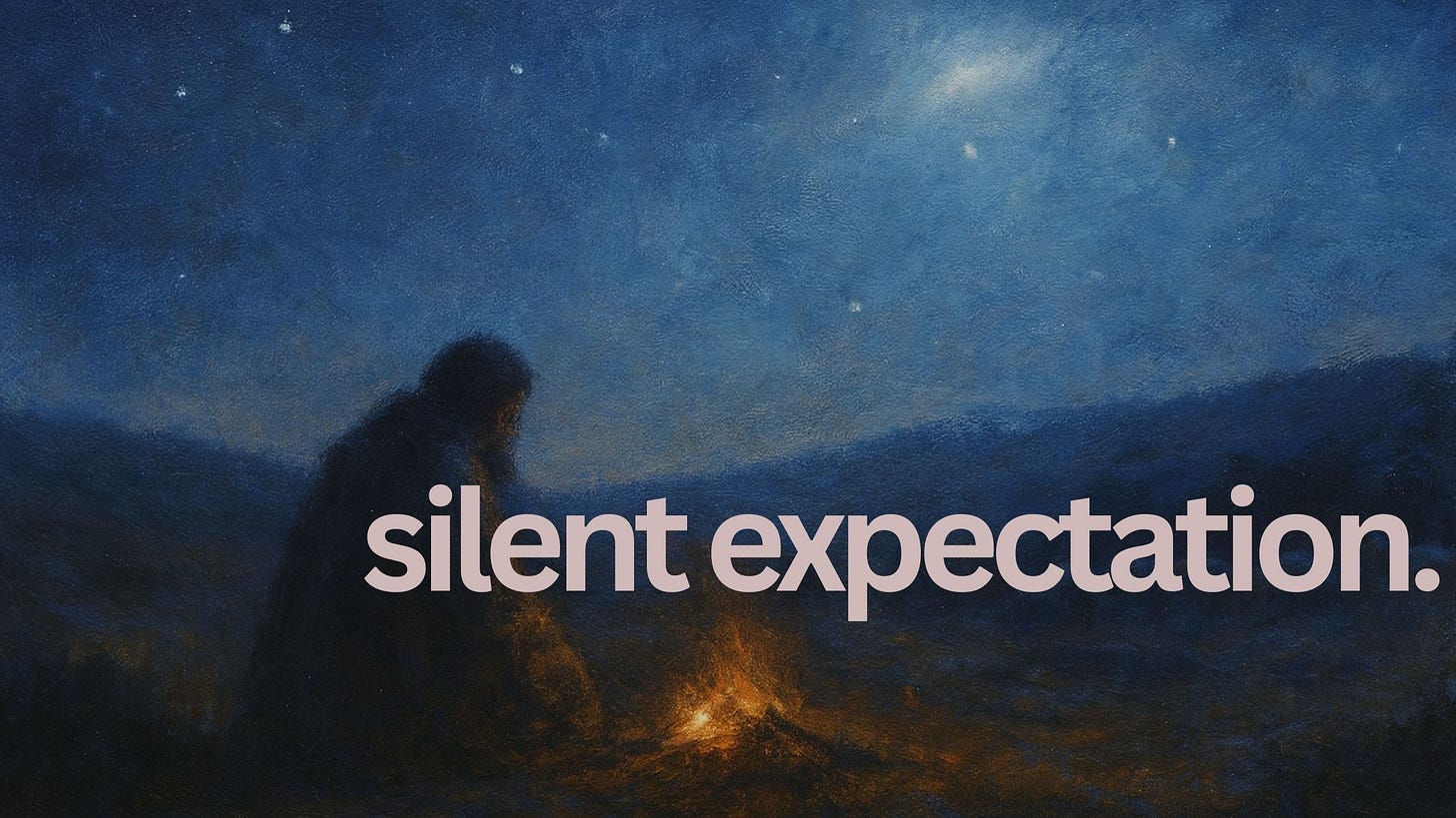 A lone shepherd sits beside a small smoldering fire on a dark hillside, surrounded by faint sheep silhouettes, under a vast blue night sky filled with stars and a soft glow forming overhead.