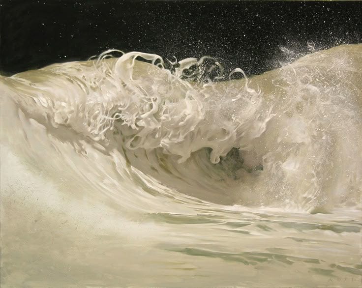 This may contain: the water is splashing on top of the white foamy wave in the ocean