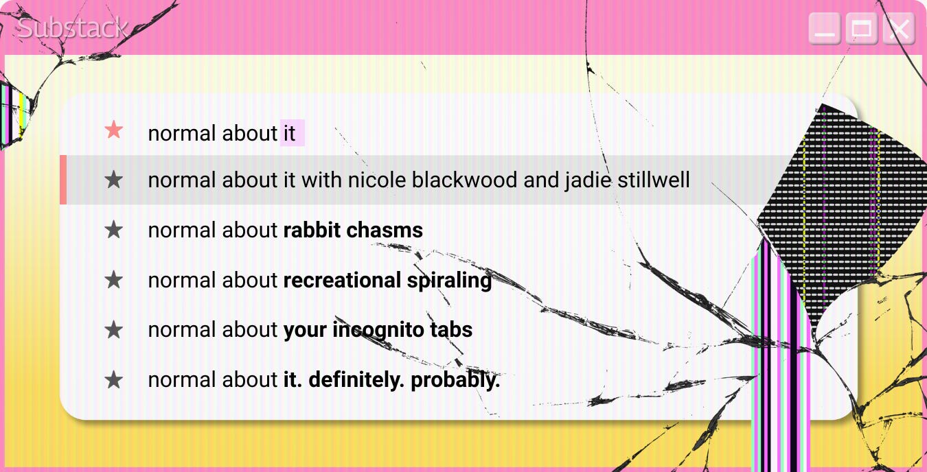 a cracked screen with a google-style search bar displays variations of the substack's title as queries.