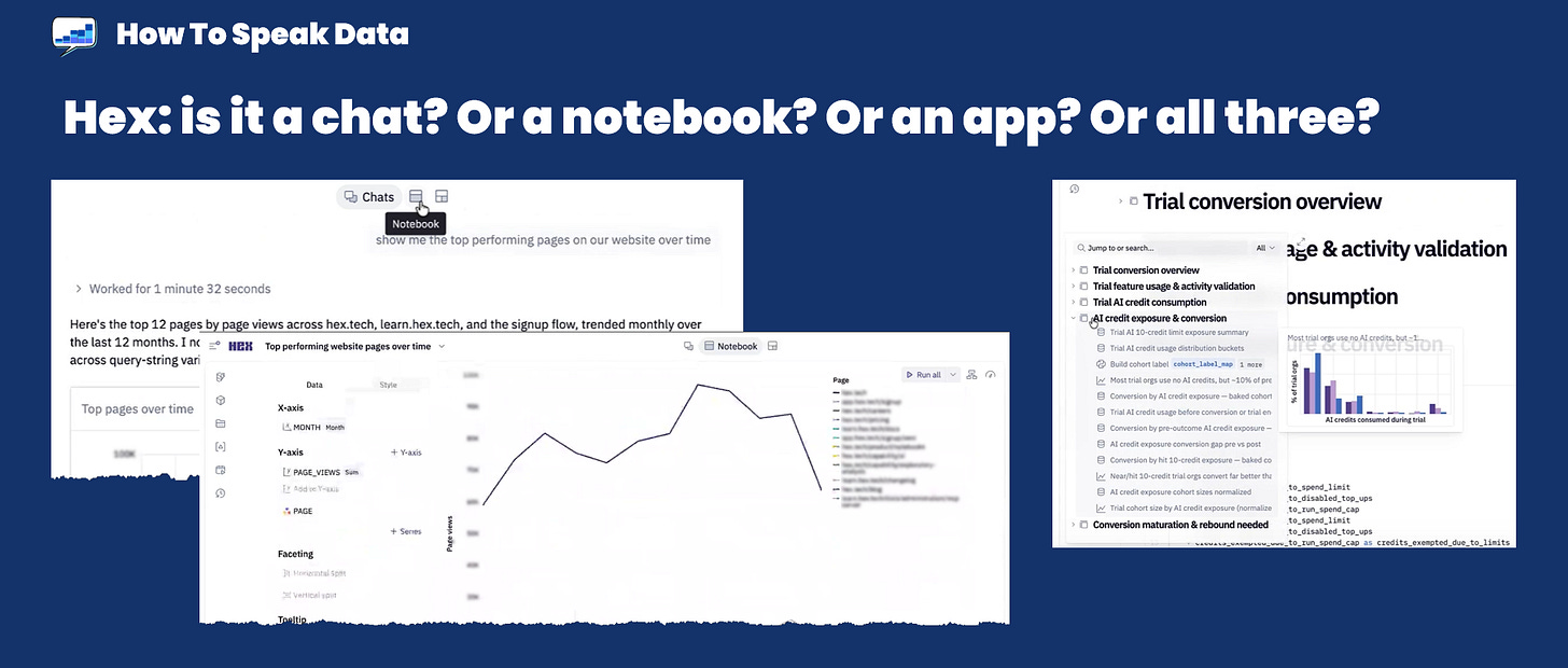 A screen shot of Hex's app that switches from Notebook to App to Chat seamlessly