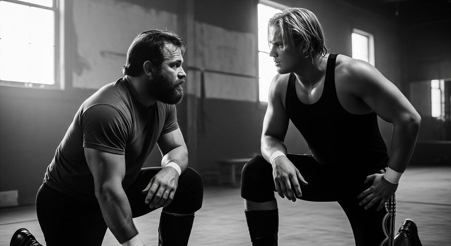 A candid, grainy, black-and-white photograph from inside a 1970s locker room or gym. A large, muscular, bearded wrestler is down on one knee, speaking earnestly to a younger, smaller wrestler who is listening intently. The background is slightly out of focus, showing wrestling gear and a cinder block wall, creating a sense of a private, unposed moment of mentorship.