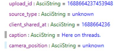 Screenshot of a plist file containing the content of a Threads post.
