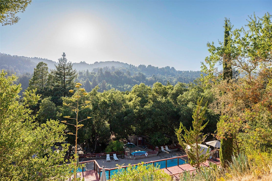 View from the hillside above Lupin Lodge, looking down over the pool area and surrounding grounds, nestled among oaks and redwoods in the Santa Cruz Mountains, with forested hills rising into a hazy blue sky behind.