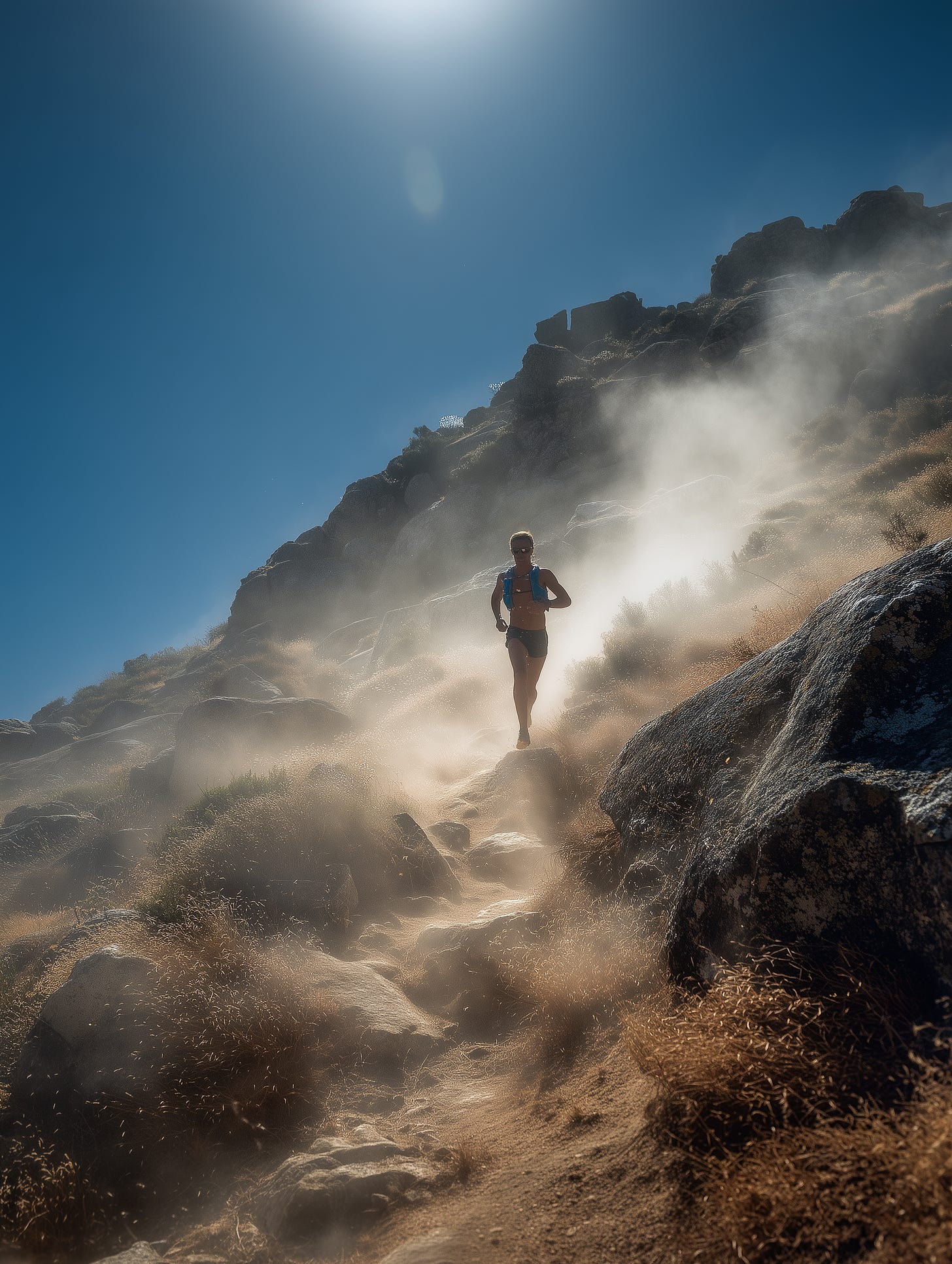 Ultramarathon runner descending a mountain full of Vitamin D goodness.