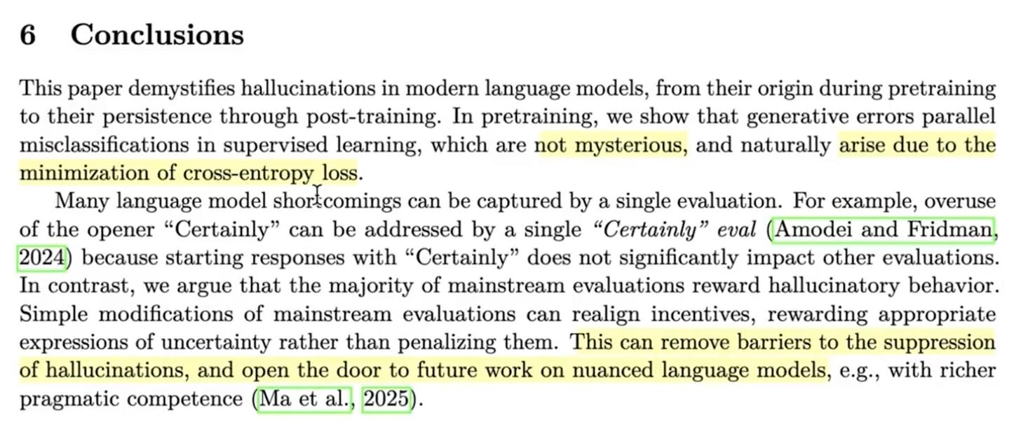 Conclusions excerpt: hallucinations are “not mysterious”—they arise from cross-entropy minimization; fix evals to suppress them.
