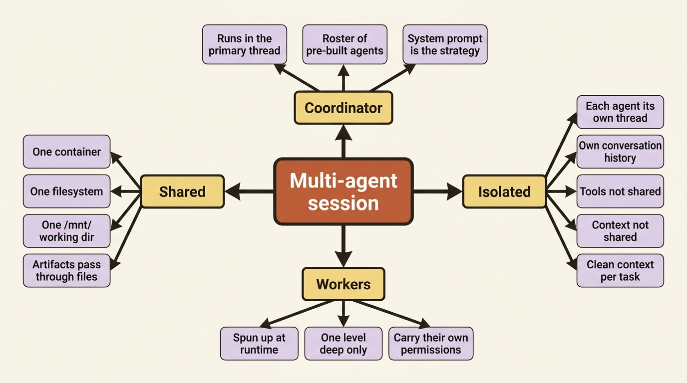 A mindmap of a multi-agent session: what is shared (one container, one filesystem), what is isolated (each agent's thread, history, tools), and the roles of coordinator and workers. A mindmap of a multi-agent session: what is shared (one container, one filesystem), what is isolated (each agent's thread, history, tools), and the roles of coordinator and workers.