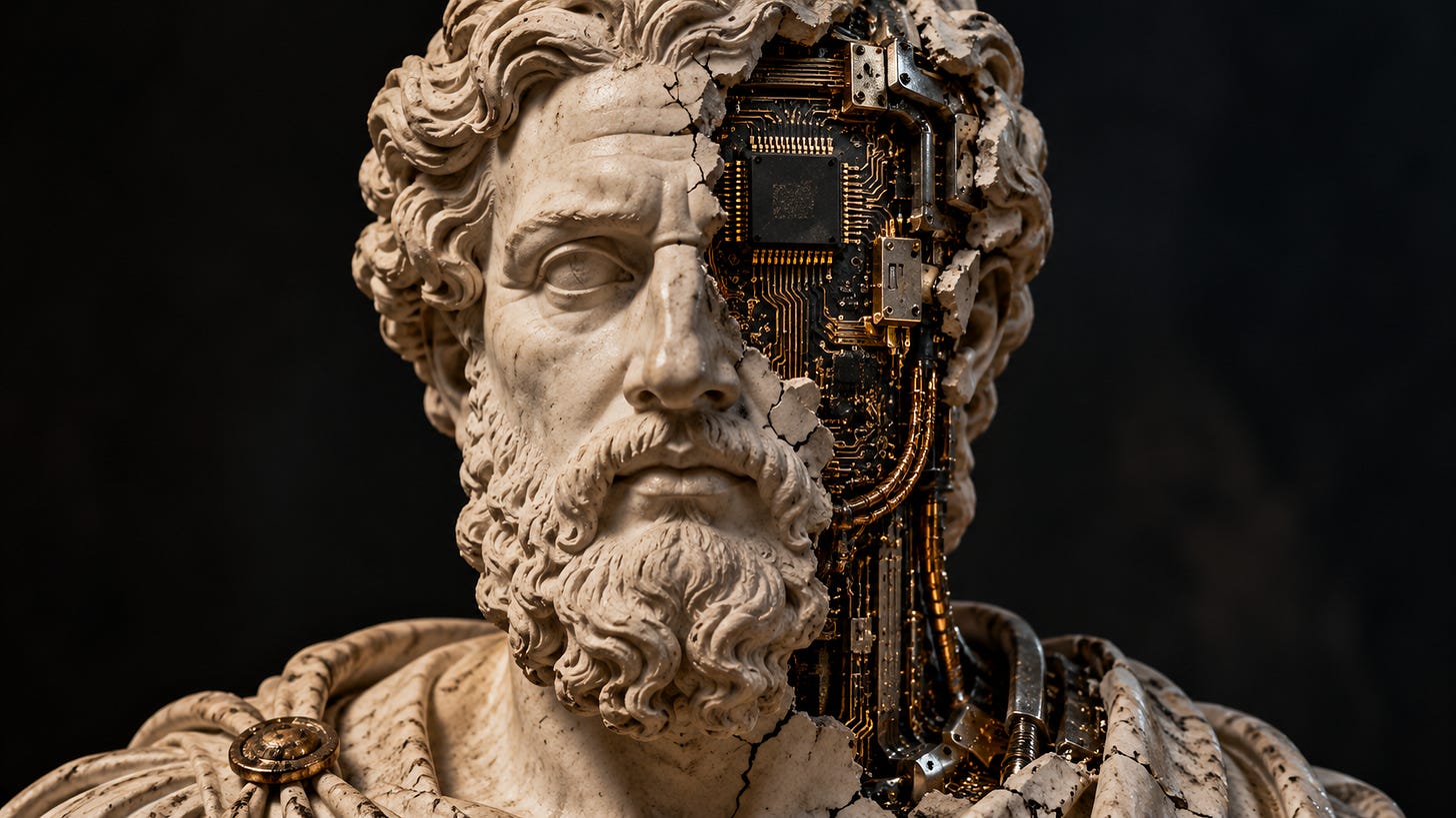 Classical philosopher bust fused with computer circuitry, representing AI alignment, moral philosophy and the challenge of programming machine intelligence.