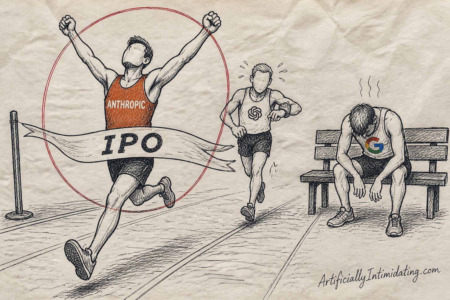 Cartoon: a rust-orange runner breaks an IPO finish tape ahead of a flower-marked runner checking a 2027 watch, with a third runner slumped on a bench.