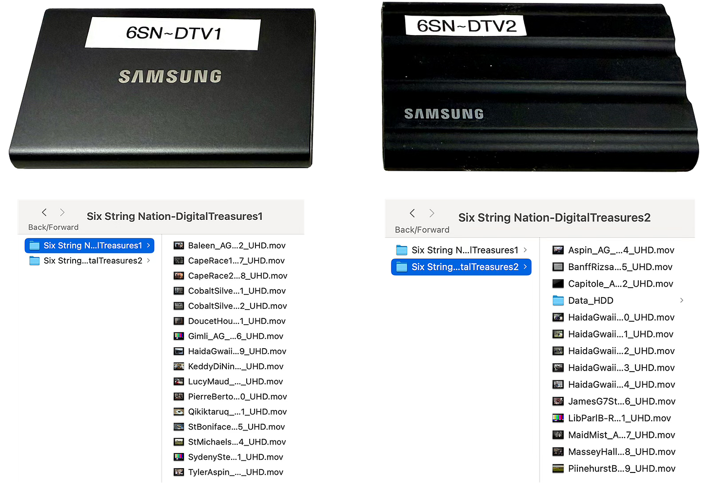 Two SSD drives and Finder windows showing the contents of each