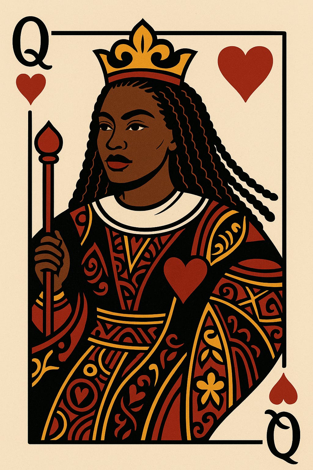 A black woman with braids as the queen inside a queen of hearts playing card. A black woman with braids as the queen inside a queen of hearts playing card.