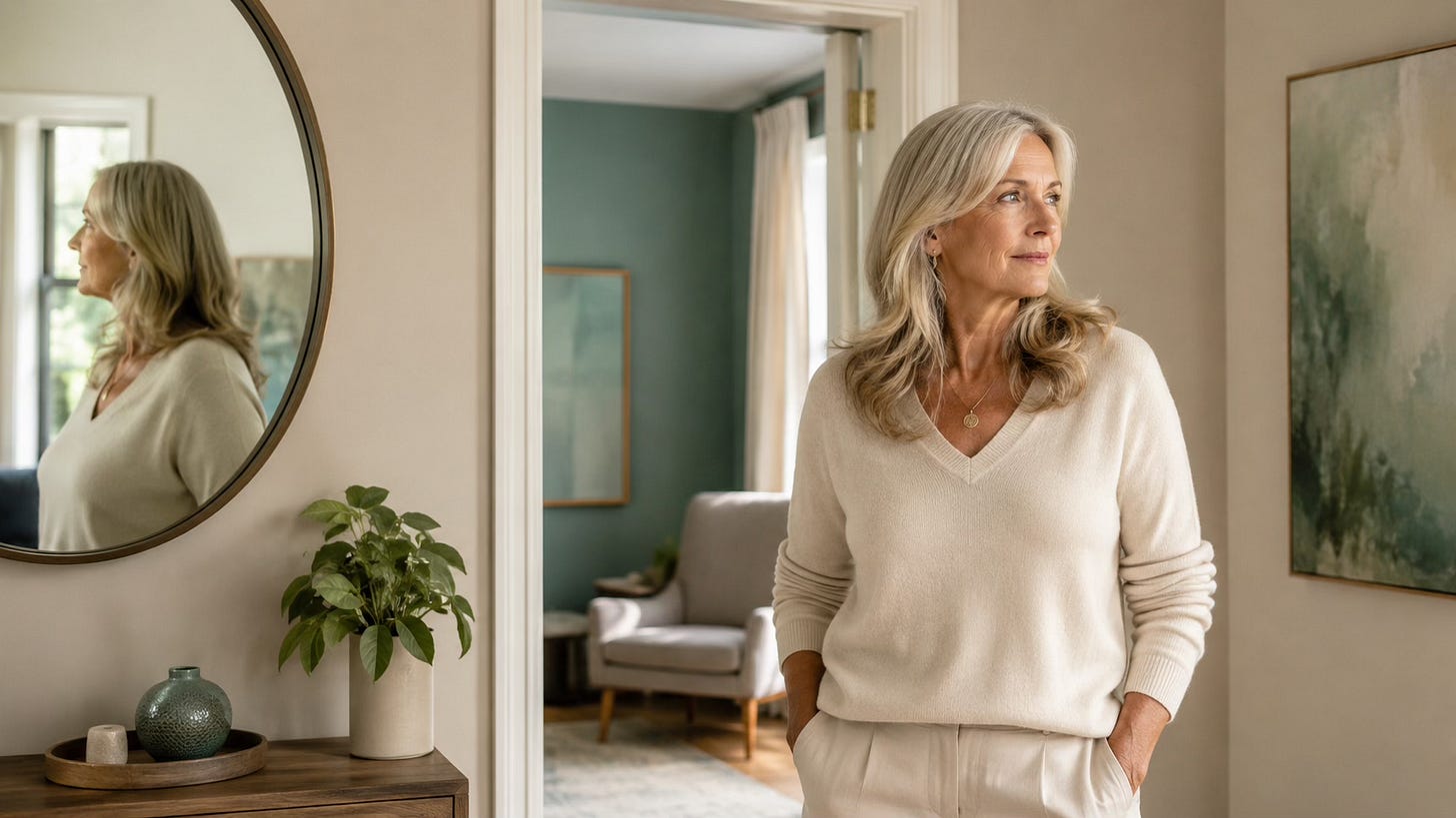 Woman standing near an open doorway, symbolizing meeting old protective patterns with compassion.
