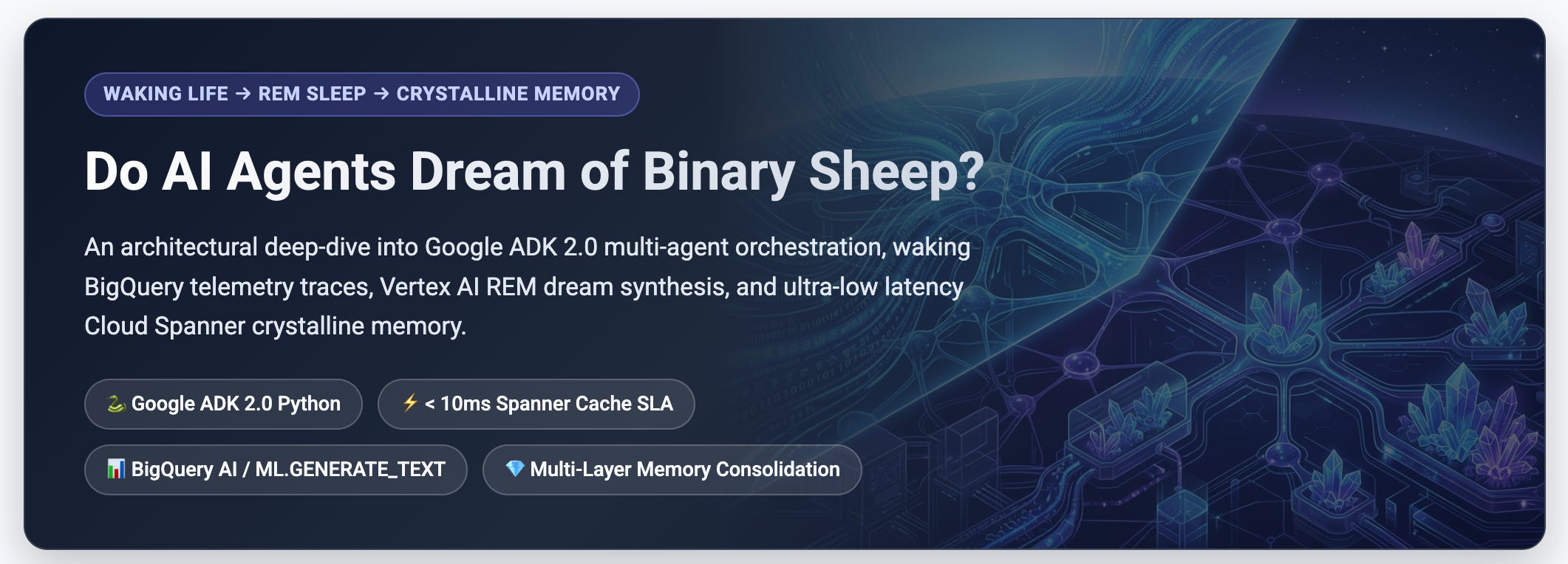 Illustration of Electric Sheep AI dream cycle memory consolidation pipeline promoting episodic agent session logs into crystallized Google Cloud Spanner developer beliefs.