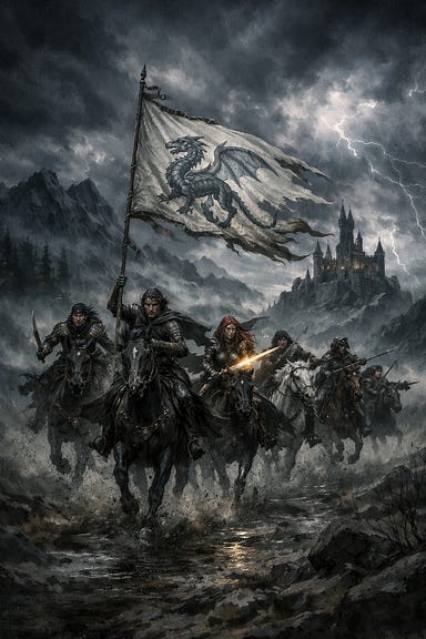 Party thundering across Barovia under the banner of the Silver Dragon, stormy gothic landscape