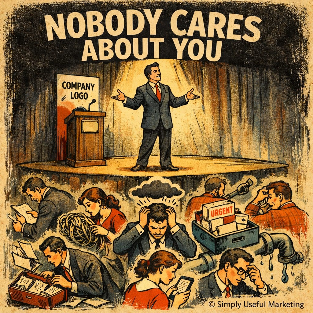 Square vintage-style editorial illustration with the headline “NOBODY CARES ABOUT YOU” above a smiling presenter on a stage under a spotlight, while the audience below is preoccupied with their own problems like paperwork, stress, and an overflowing inbox.