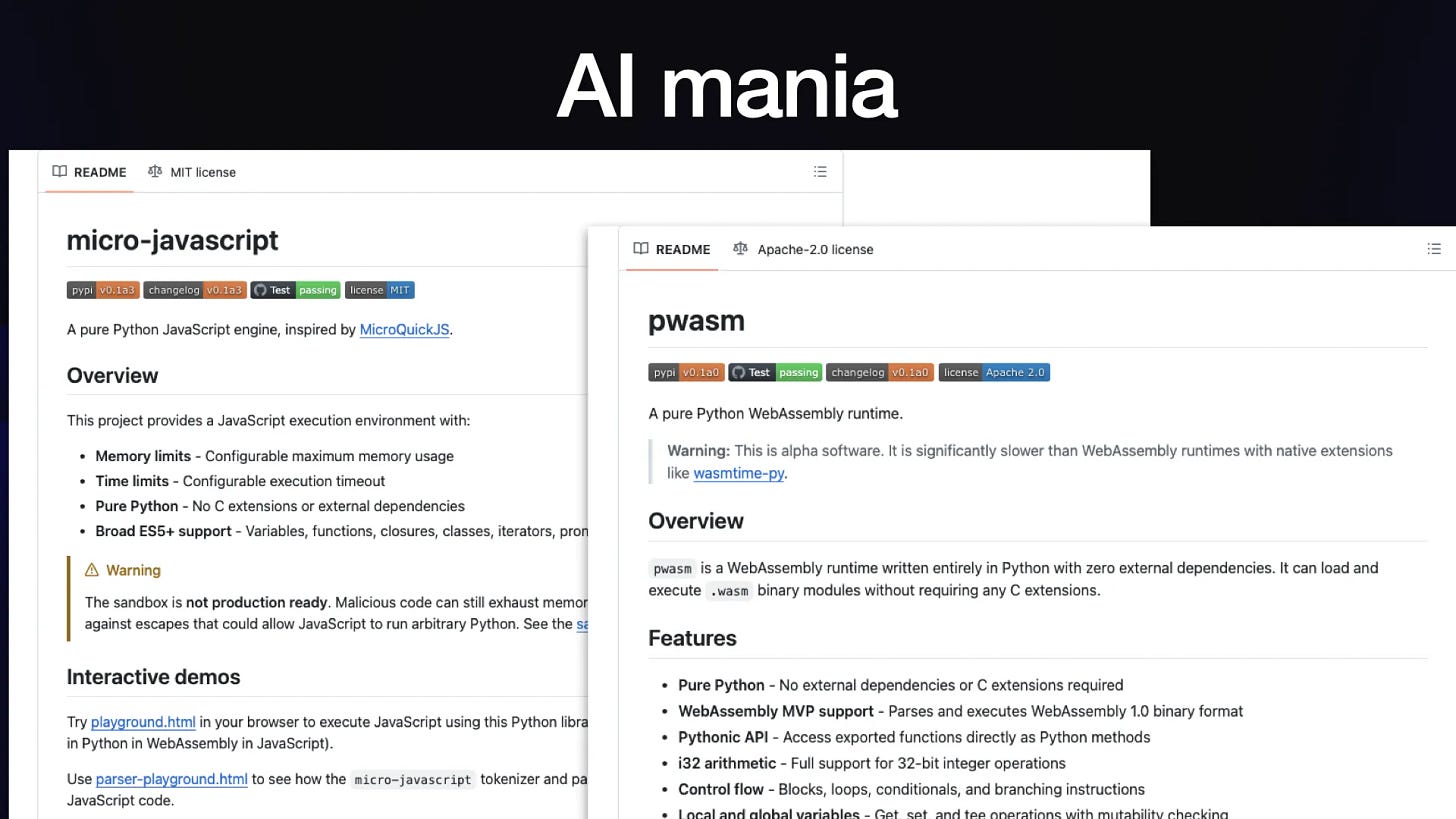 AI mania

Screenshots of the micro-javascript and pwasm GitHub README files.