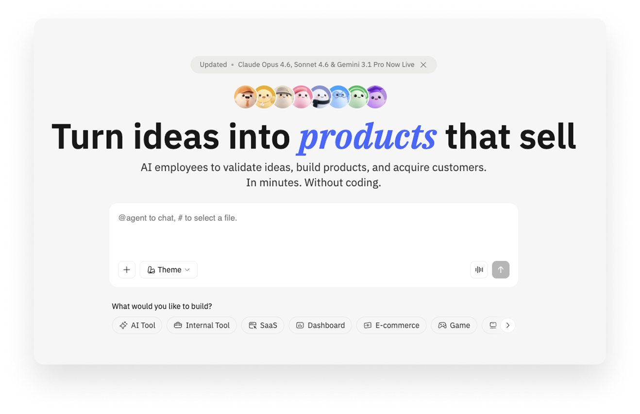 Atoms.dev homepage featuring AI employees that validate ideas, build products, and acquire customers without coding, with project type options including SaaS, dashboard, and e-commerce. Atoms.dev homepage featuring AI employees that validate ideas, build products, and acquire customers without coding, with project type options including SaaS, dashboard, and e-commerce.