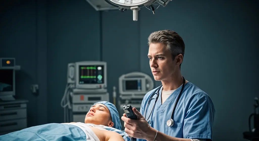 IA physician examines a colonoscope as the patient lies on a medical table, covered with a hospital blanket, creating a clinical yet personal atmosphere.