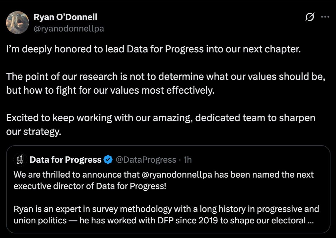 Tweet from Ryan O'Donnell: "I’m deeply honored to lead Data for Progress into our next chapter.  The point of our research is not to determine what our values should be, but how to fight for our values most effectively.  Excited to keep working with our amazing, dedicated team to sharpen our strategy."