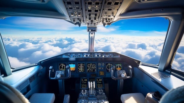 View of the cockpit with the control panel and the pilot39s seat the cockpit of an airplane during a flight in the sky above white clouds | Premium AI-generated image View of the cockpit with the control panel and the pilot39s seat the cockpit of an airplane during a flight in the sky above white clouds | Premium AI-generated image