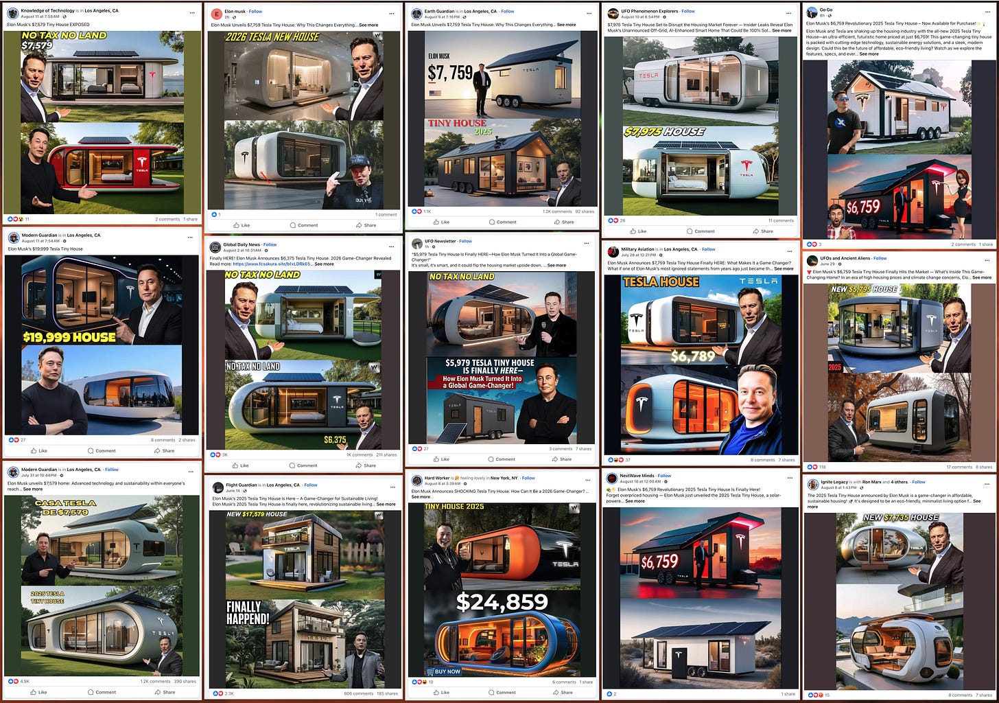 collage of 15 Facebook posts featuring an alleged Tesla Tiny House collage of 15 Facebook posts featuring an alleged Tesla Tiny House