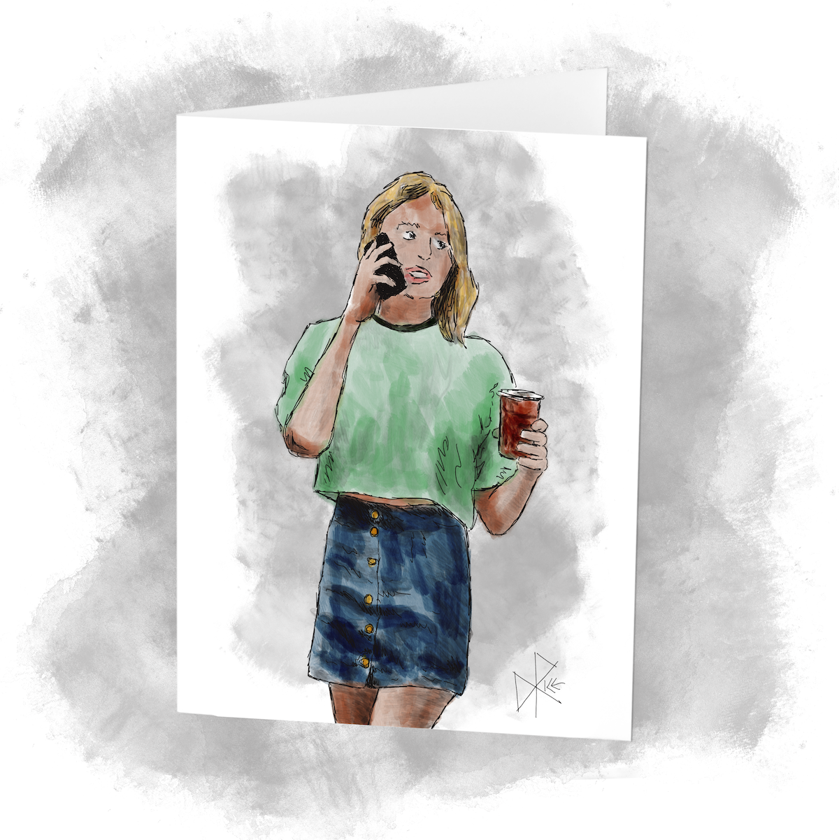 A young woman at a party, holding her drink while talking on her phone. Sketch art by Don Rice. A young woman at a party, holding her drink while talking on her phone. Sketch art by Don Rice.