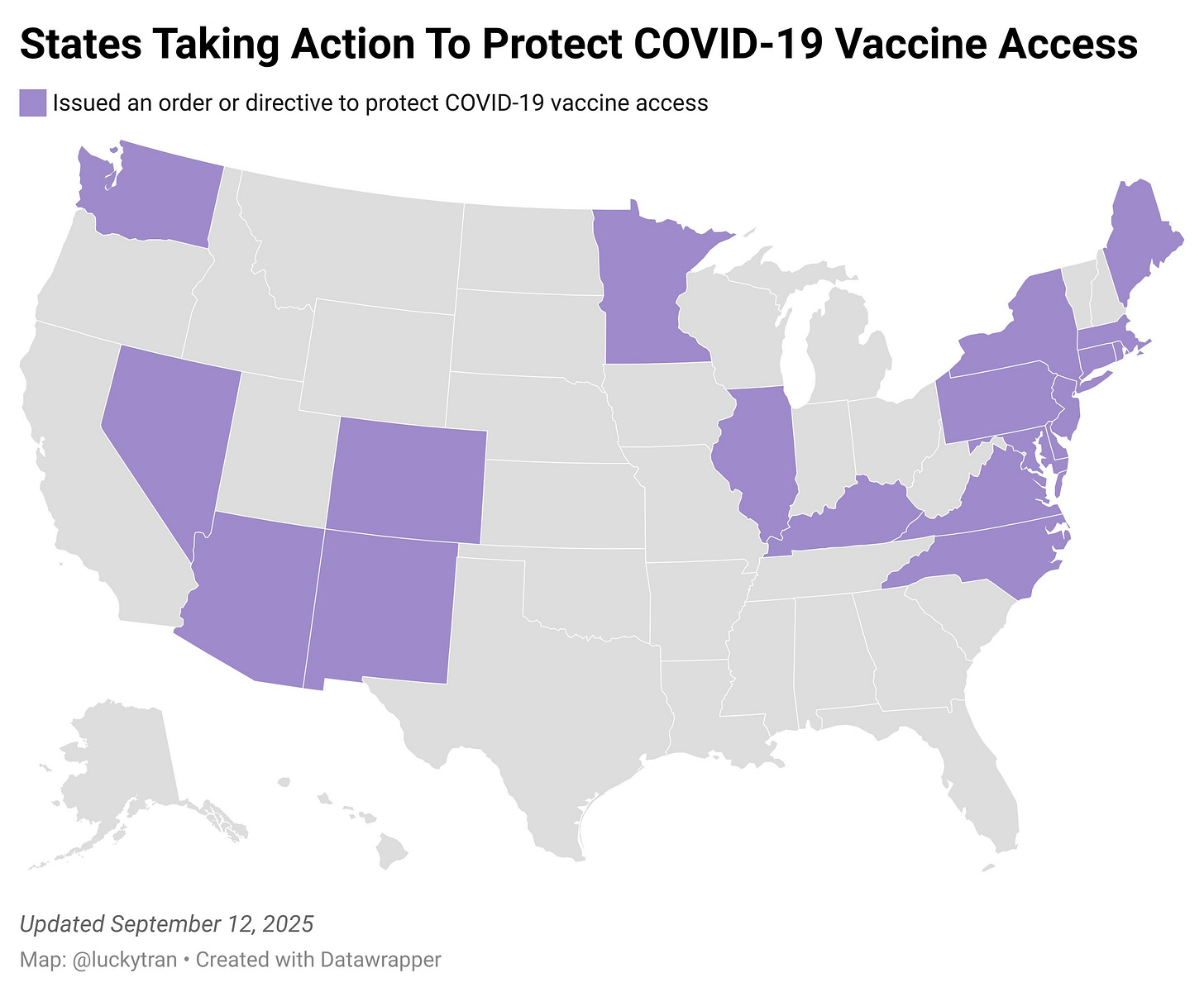 Map Showing States Taking Action To Protect COVID-19 Vaccine Access

States shaded in purple: AZ, CO, CT, DE, IL, KY, MA, MD, ME, MN, NC, NV, NJ, NM, NY, PA, RI, VA, WA