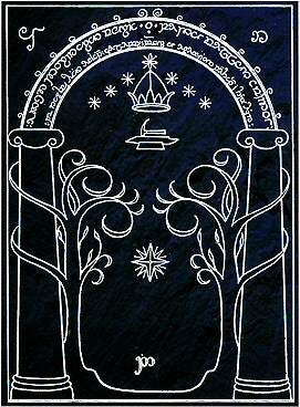 Tolkien's illustration of the Doors of Durin, with Sindarin inscription in Tengwar script.