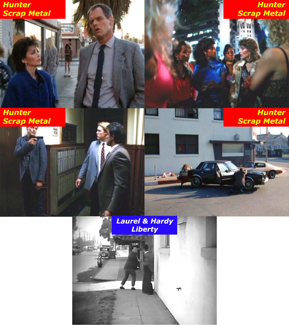 Filming locations then and now from the TV series Hunter episode Scrap Metal. And the movie locations from the Laurel and Hardy film Liberty.