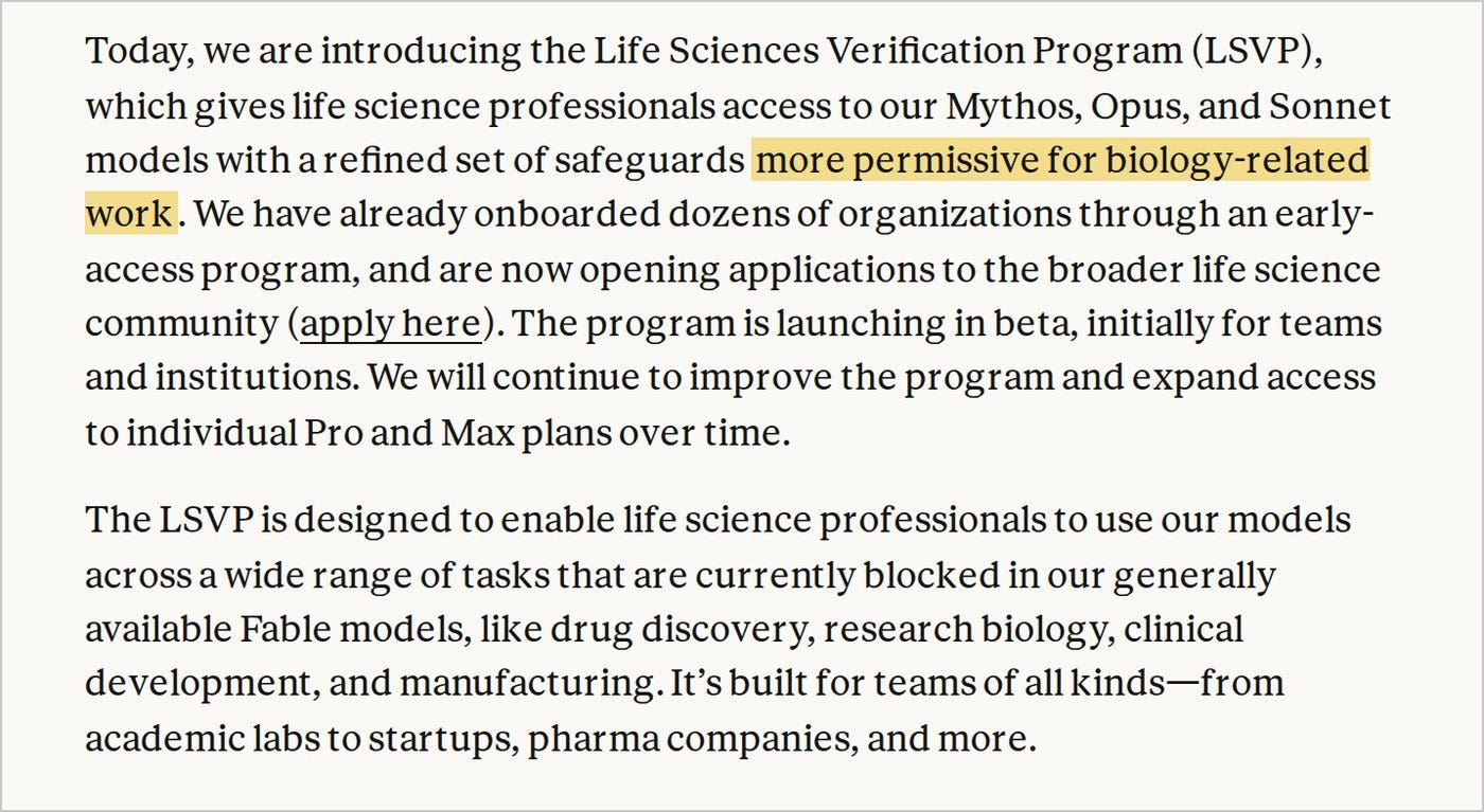 Anthropic’s Life Sciences Verification Program announcement, September 17, 2026. Highlight added. Anthropic’s Life Sciences Verification Program announcement, September 17, 2026. Highlight added.