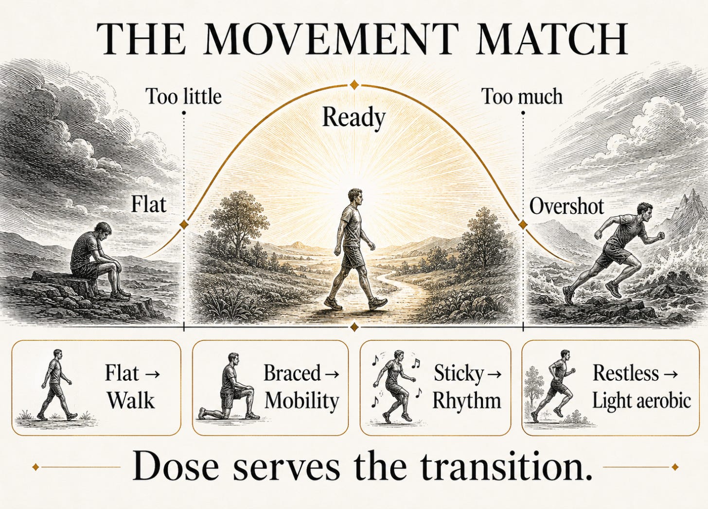 An inverted-U diagram shows low, optimal, and excessive exercise activation, with movement options matched to flat, braced, sticky, and restless states.