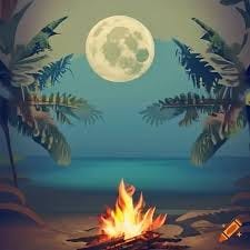 Bonfire in jungle by the ocean under a ...
