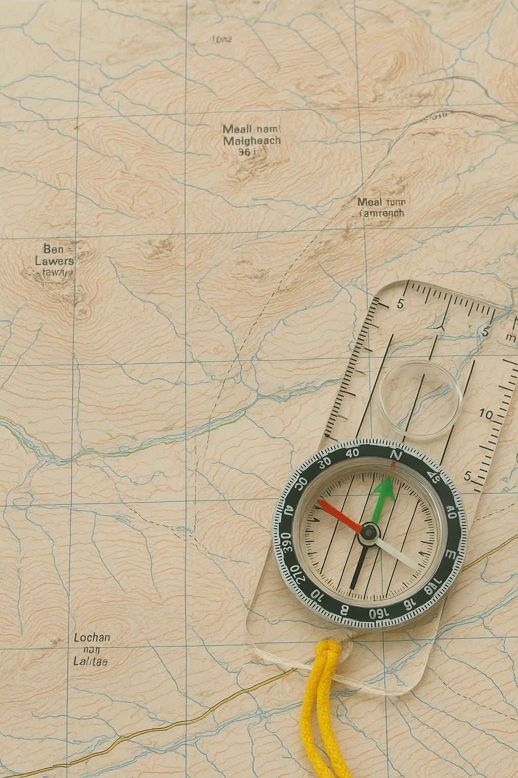 A close-up photograph of a transparent baseplate compass resting on an unfolded topographic map of the Scottish Highlands, showing contour lines, streams, and mountain names such as Ben Lawers and Meall nam Maigheach, with a yellow cord attached to the compass.