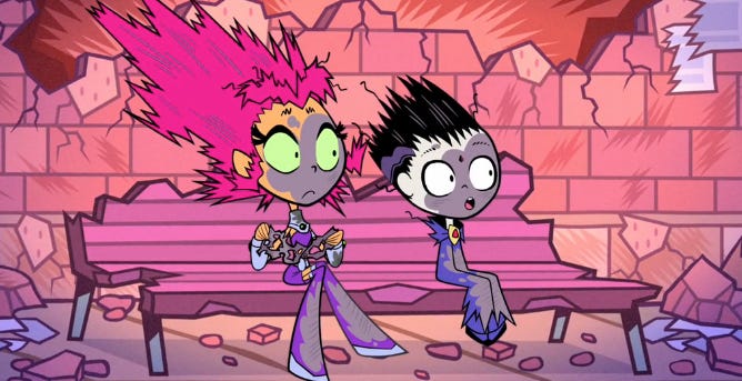 teen titans starfire & raven blown up bomb shock.png