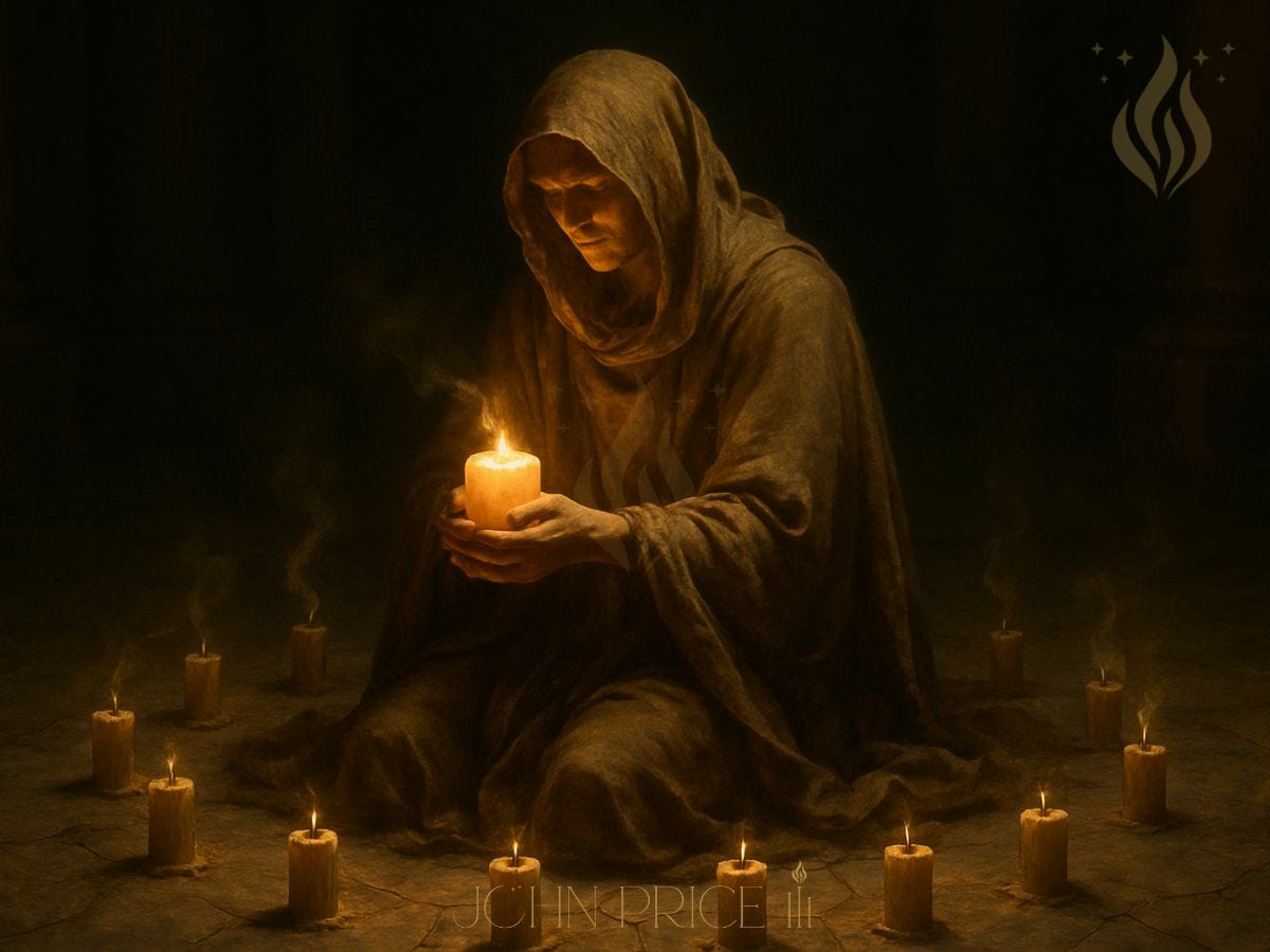 A solitary hooded figure kneels on cracked stone, surrounded by a circle of extinguished candles. They hold one glowing candle close to their chest, its golden light illuminating their face and the faint smoke rising from the other wicks. The scene feels sacred and contemplative, symbolizing the choice to rekindle life amid quiet losses.