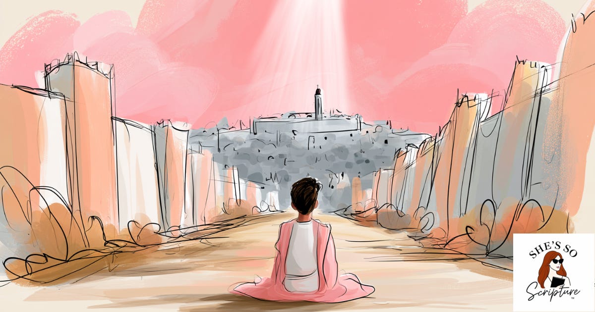 Watercolor illustration of a man kneeling on an ancient road to a distant city, light streaming down on him with scrolls scattered nearby, in soft blush pink and cream tones. Watercolor illustration of a man kneeling on an ancient road to a distant city, light streaming down on him with scrolls scattered nearby, in soft blush pink and cream tones.