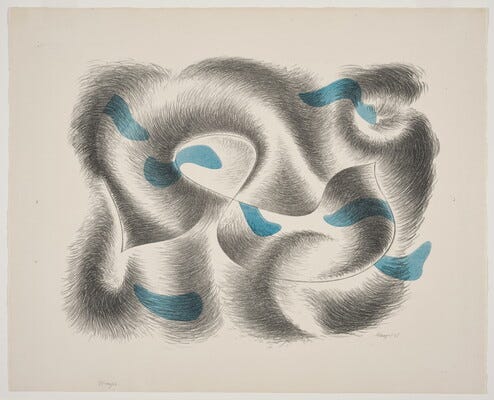An abstract color print of a gray swirl design with blue, organic-shaped accents. An abstract color print of a gray swirl design with blue, organic-shaped accents.