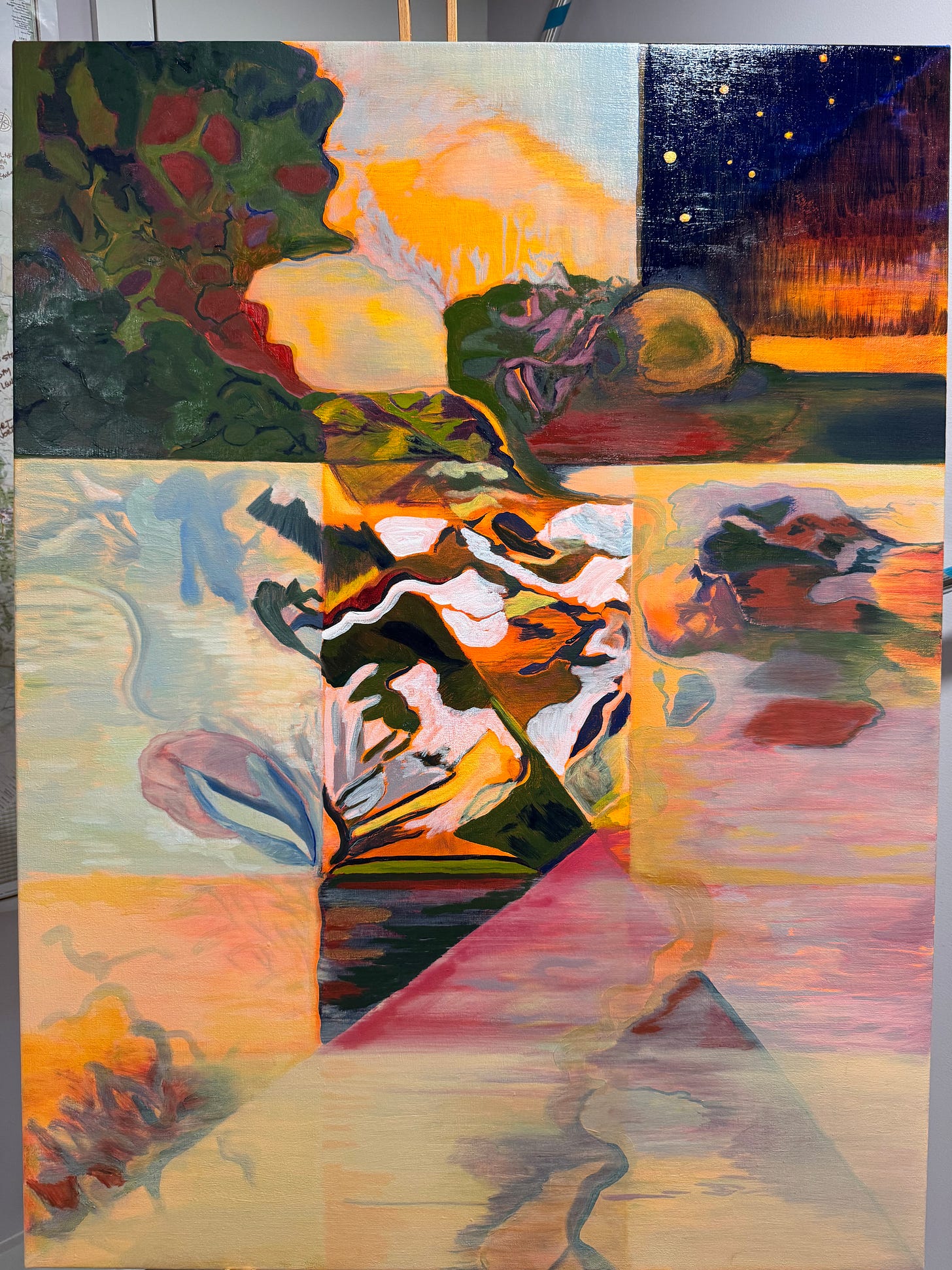 Brightly colored abstract oil painting of how it feels, according to me, to hike the CDT. There are references to mountains, trees, birds, berries, lakes, rivers, sky, stars, and big wise rocks that might be alive. A glowing blend of cadmium yellow and scarlet pyrrhol peeks through from underneath. The painting is organized in a 3x3 grid with the idea that it is a paper map that has been folded and refolded. 