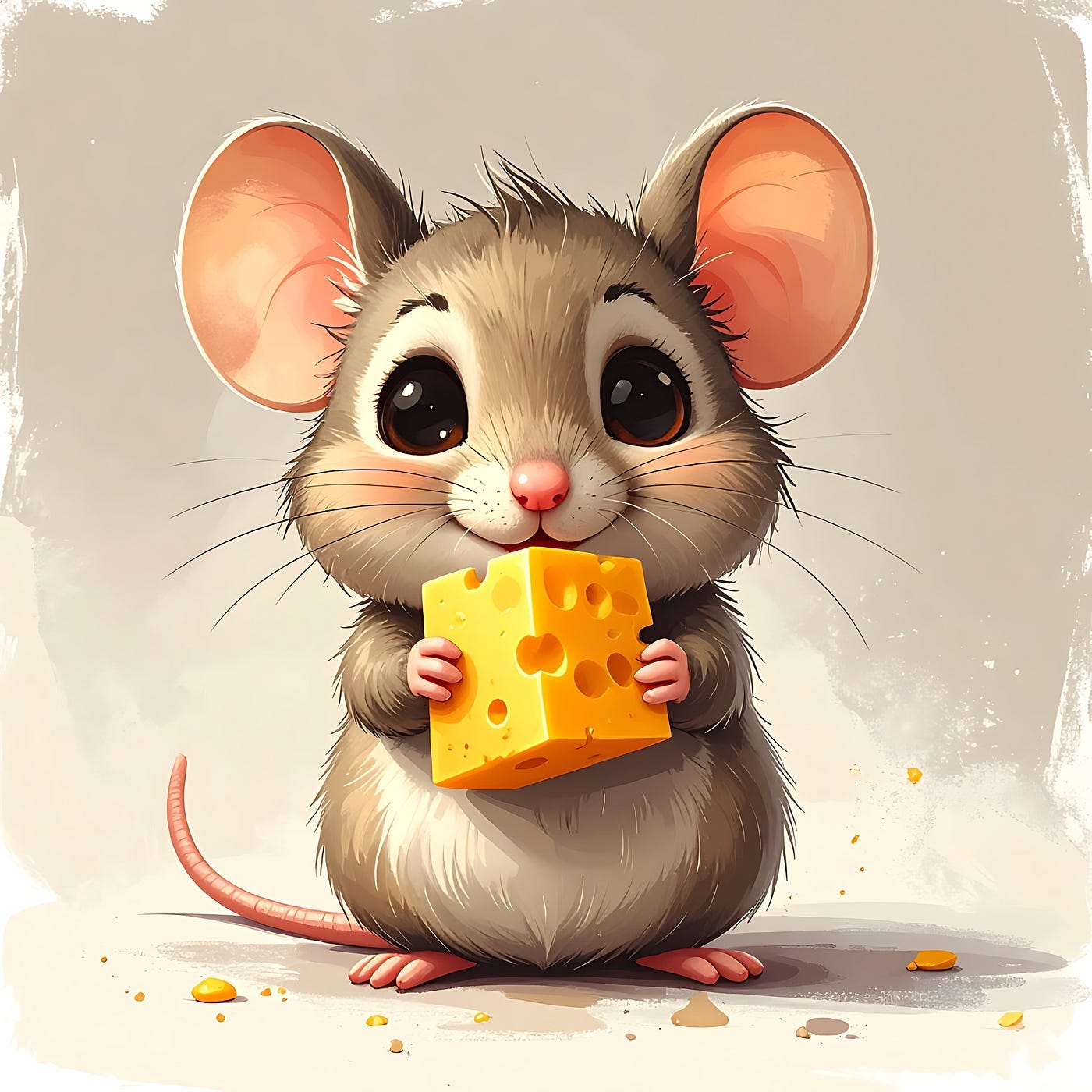 Cartoon of mouse nibbling on a piece of cheese