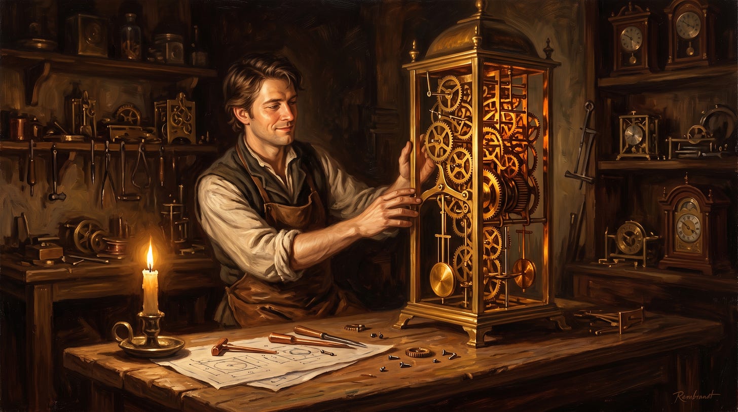 Clockmaker adjusting an elaborate gear-driven clock, illustrating automated Claude Code workflows