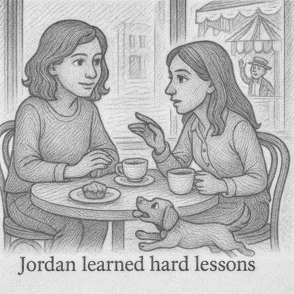 Pencil sketch of two women in conversation at cafe table, dog stealing muffin, new carnival booth visible through window  Slide 10: Epilogue