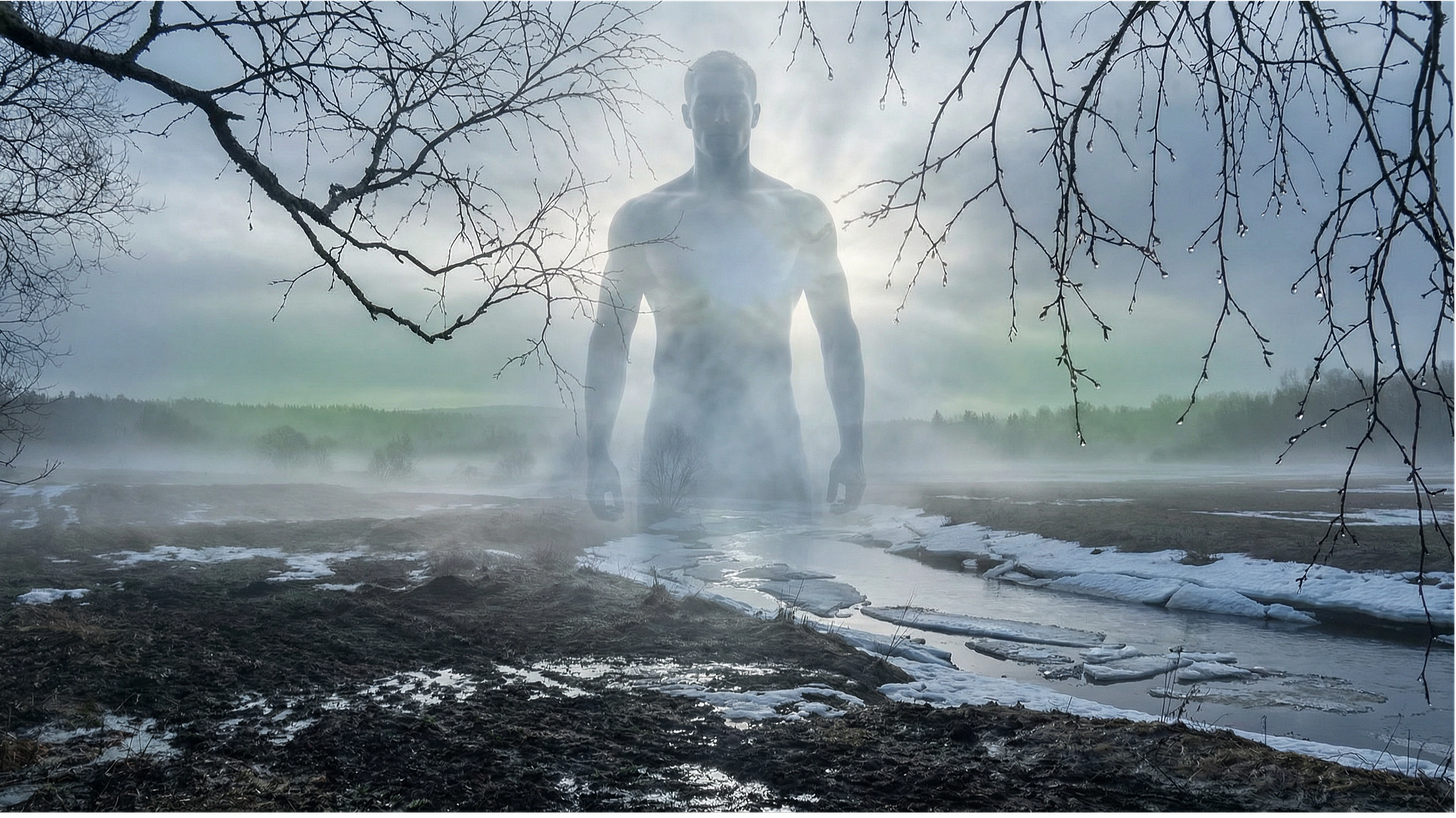 Luminous silhouette emerging from mist above a landscape of melting snow and freed streams. İmre, the spirit of the thaw. Luminous silhouette emerging from mist above a landscape of melting snow and freed streams. İmre, the spirit of the thaw.