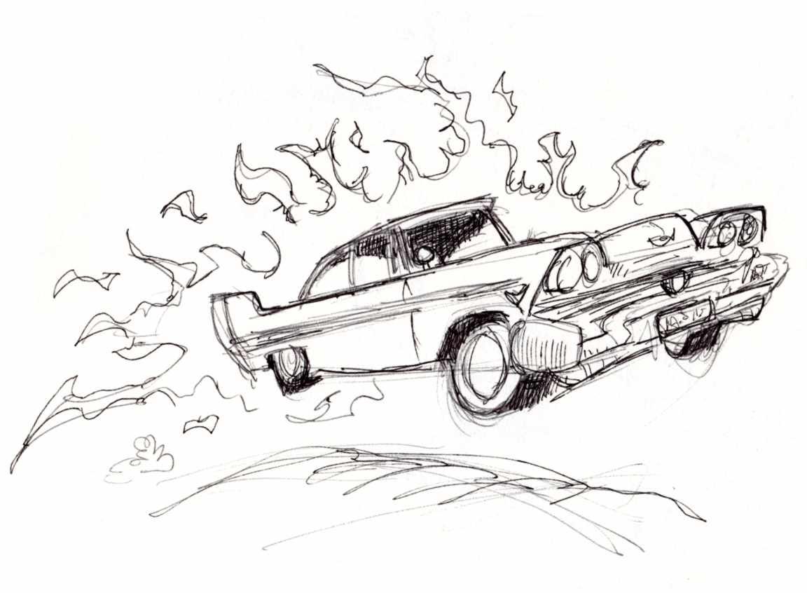 Ink drawing of Stephen King's Christine, a 1958 Plymouth Fury driving and on fire.