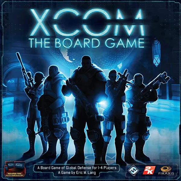 Box art for XCOM. Blue box, big title, a group of tacticool silhuettes of soldiers ready to kill some aliens.
