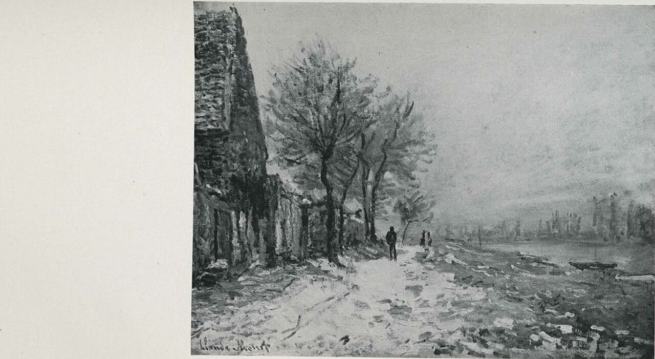 A snow covered country road under a soft sky, footprints and cart tracks in the white A snow covered country road under a soft sky, footprints and cart tracks in the white